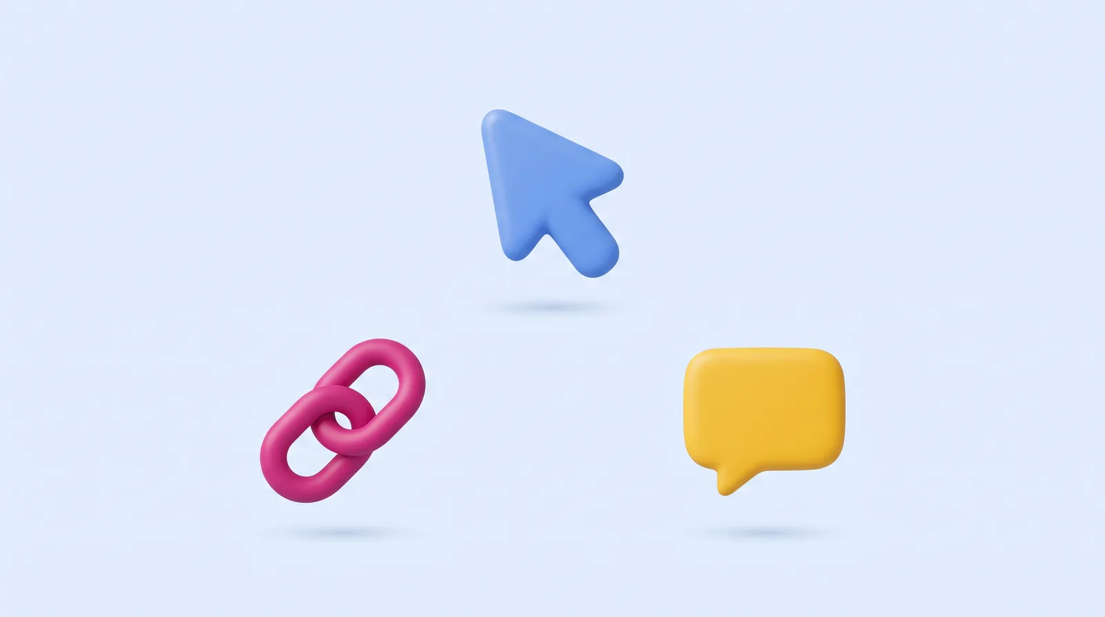 Ilustración: cursor, cadena y globo de chat representando las herramientas y servicios de Leadaki